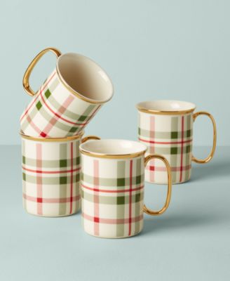 Holiday Plaid Gold-Trimmed Mugs, Set of 4