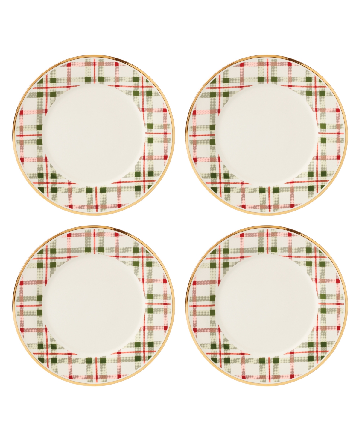 Holiday Plaid Porcelain Dinner Plates, Set Of 4 - Red  Green And Ivory