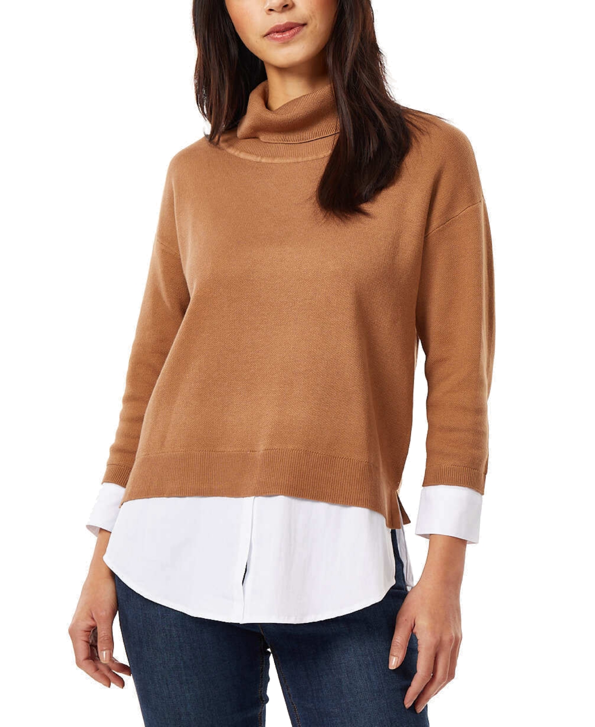 Shop Jones New York Women's Cowlneck Mixed-media Layered Sweater In Caramel Combo