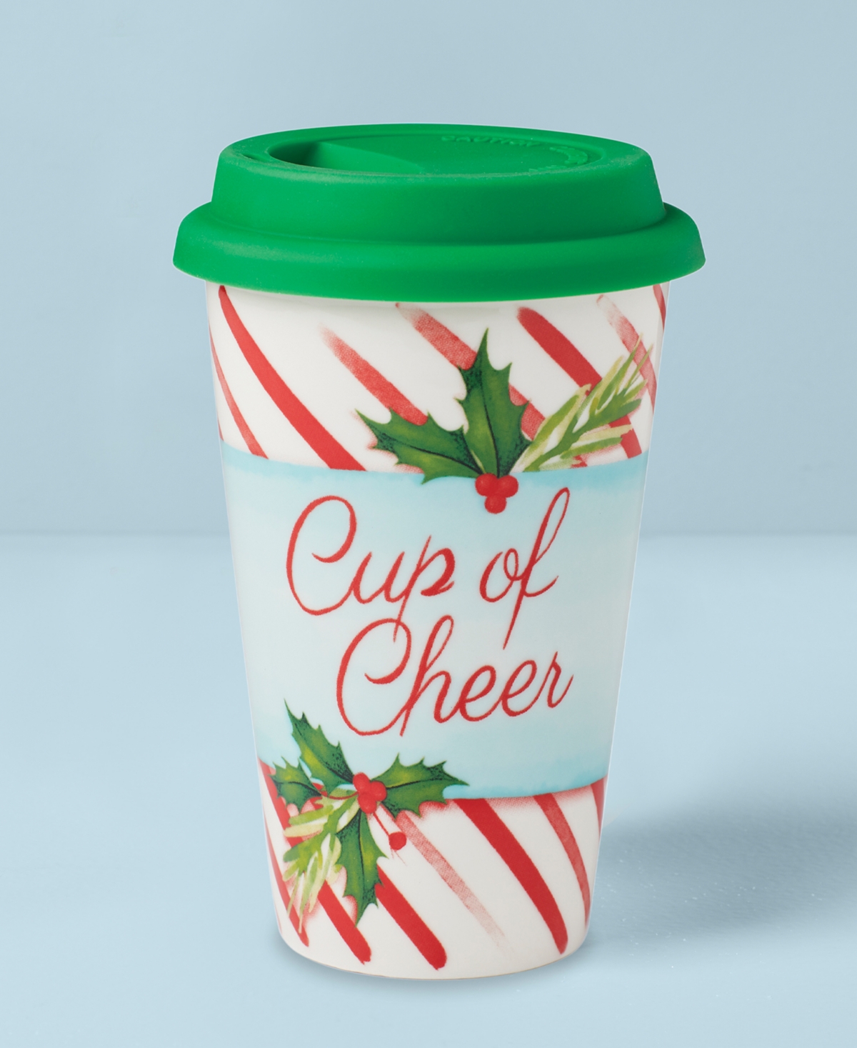 Lenox Cup Of Cheer Printed Porcelain Travel Mug with Lid - Red  Green And Ivory