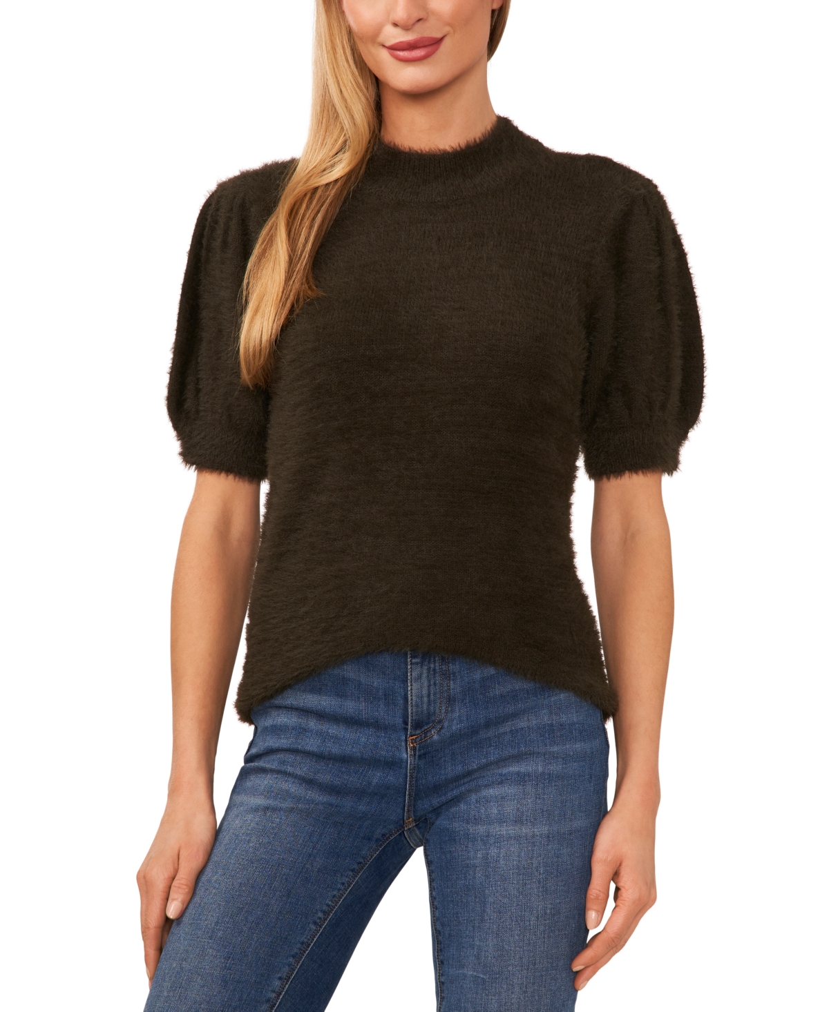 Cece Women's Short-sleeve Mock-neck Eyelash Sweater In Dark Olive