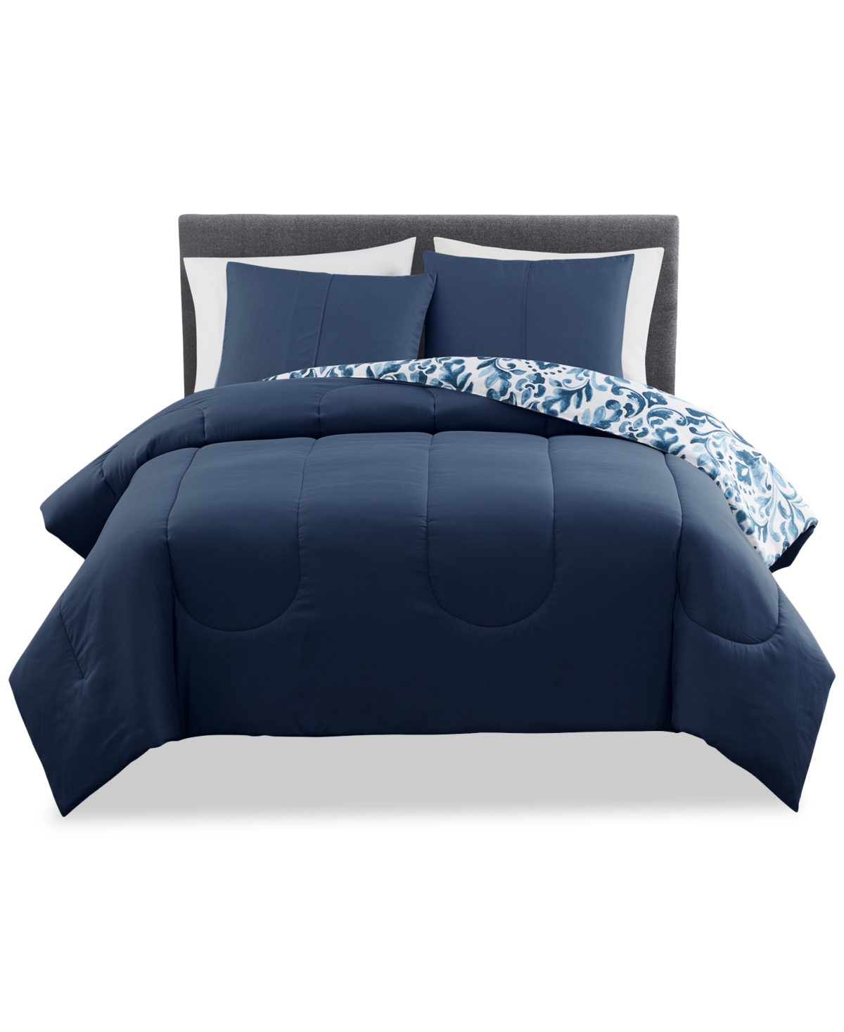 Shop Keeco Watercolor Damask 3-pc. Comforter Set, Created For Macy's In Navy