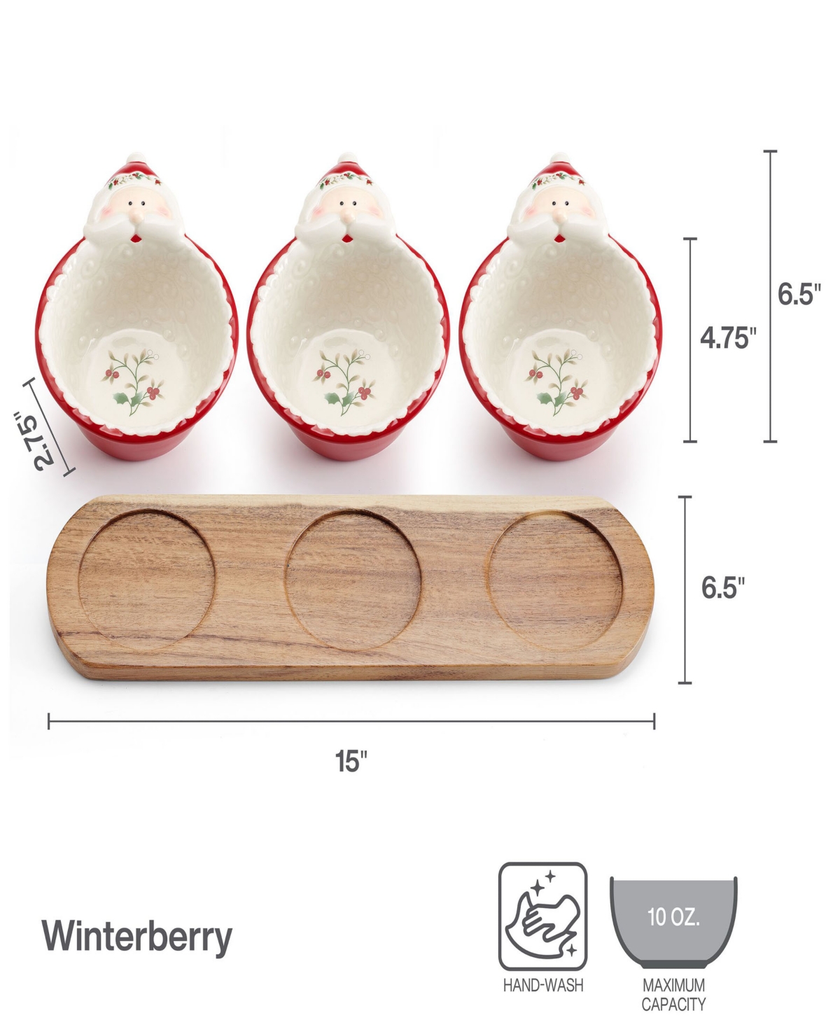 Winterberry Santa Dip Bowls With Wood Base In Assorted