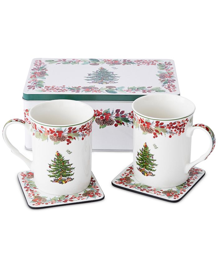 Spode Christmas Tree 2023 Annual 4pc Mug and Spoon Set, Christmas Mugs -  Microwave & Dishwasher Safe, Cute Coffee Mugs, Porcelain Coffee Cup &  Spoon