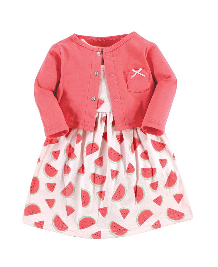 Hudson Baby Baby Girls Cotton Dress and Cardigan Set Coral