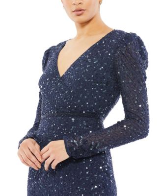 Women's Pleated High Neck Raglan Long Sleeve Side Slit Gown