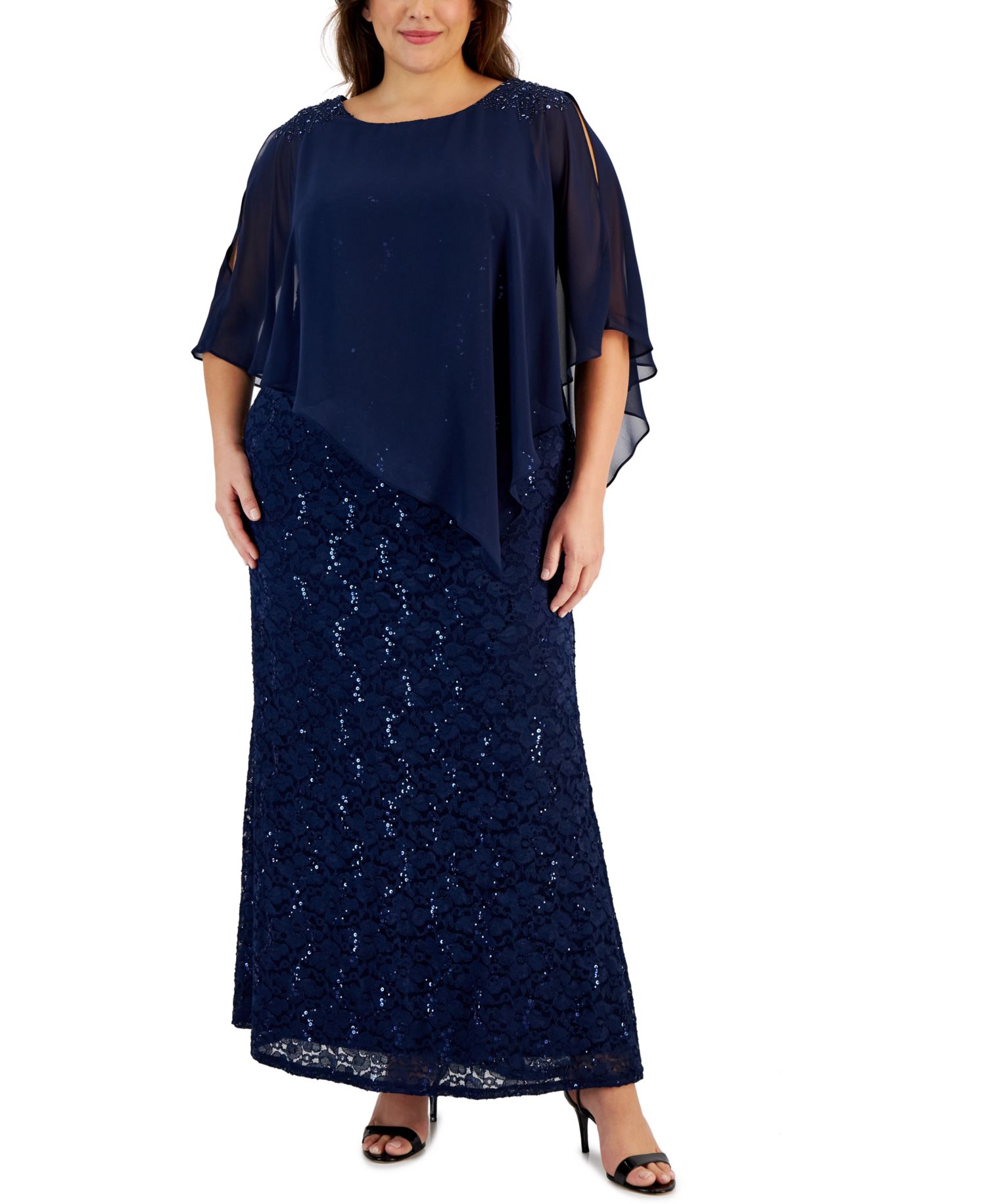 Plus Round-Neck Sequin Lace Cape Dress