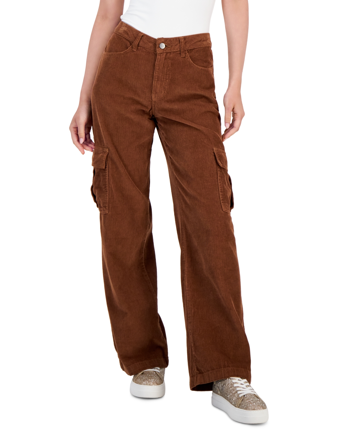 Juniors' Cotton Corduroy Low-Rise Cargo Jeans - Pecan