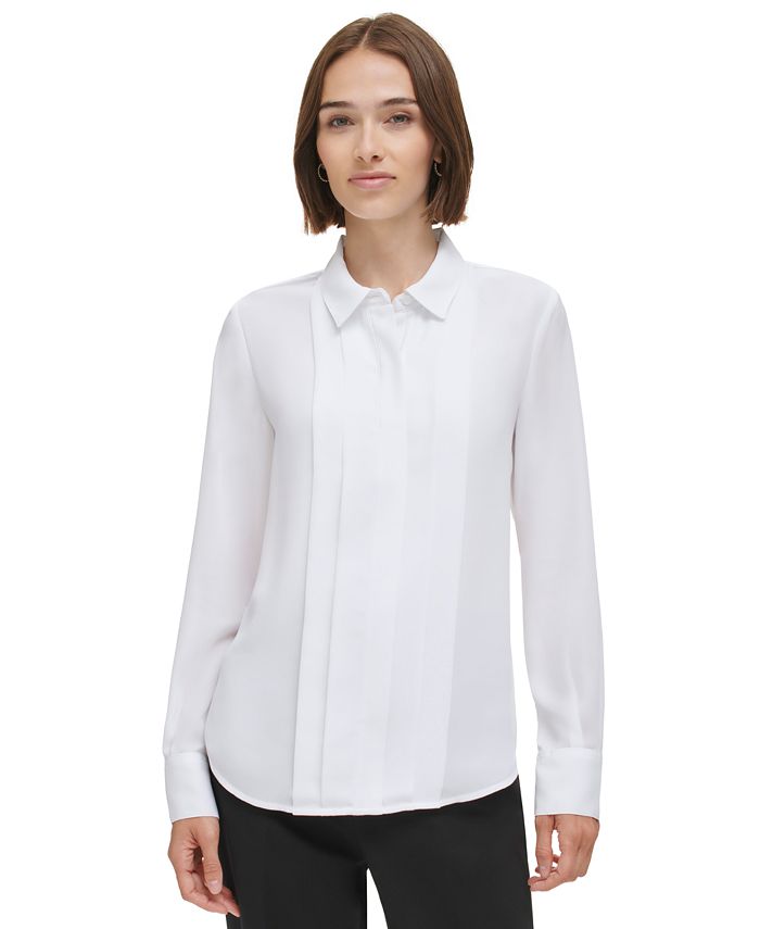 Calvin Klein Women's Pleat-Front Long-Sleeve Shirt - Macy's