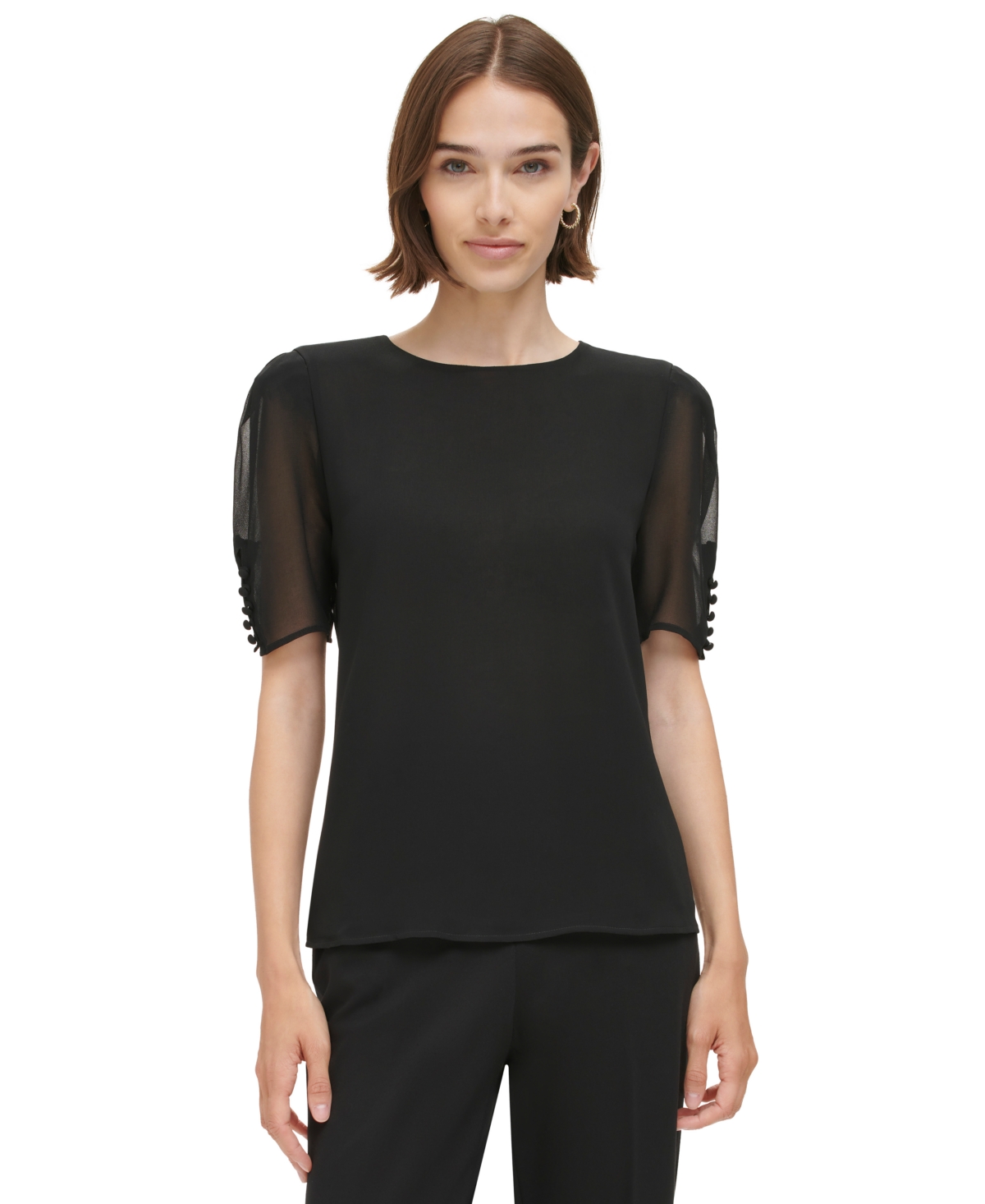 Calvin Klein Womens Sheer Elbow Sleeve Blouse In Black