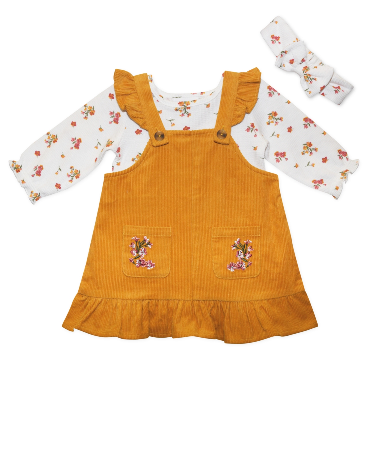 Blueberi Boulevard Baby Girls Ruffle-hem Corduroy Jumper With Floral Print Jersey T-shirt And Matching Headband In Mustard