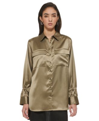 DKNY - Women's Satin Flap-Pocket Tunic Shirt