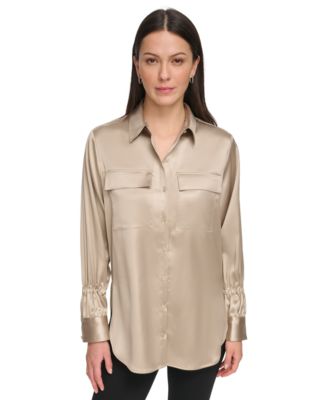 Women's Satin Flap-Pocket Tunic Shirt