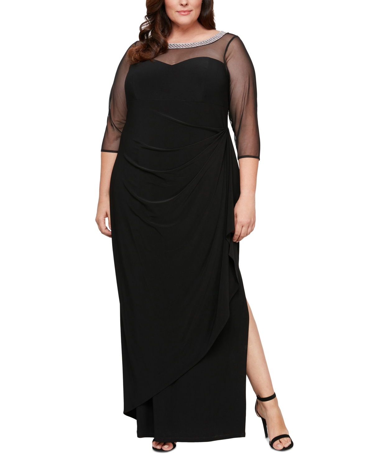 Plus Size Illusion-Trim Ruffled Gown - Black