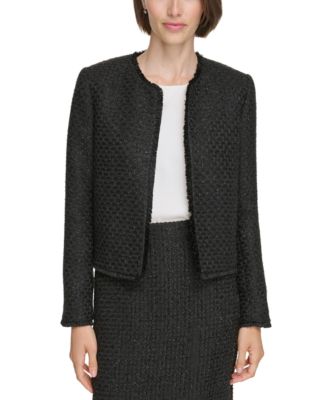 Petite Tweed Open-Front Long-Sleeve Jacket
