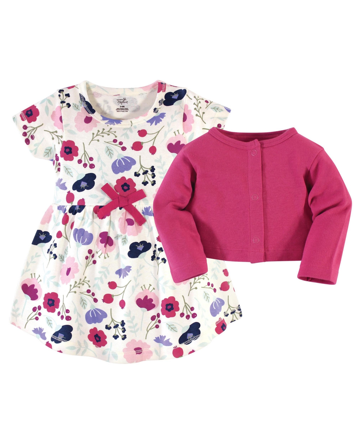 Touched by Nature Baby Girls Baby Organic Cotton Dress and Cardigan 2pc Set,- Pink botanical
