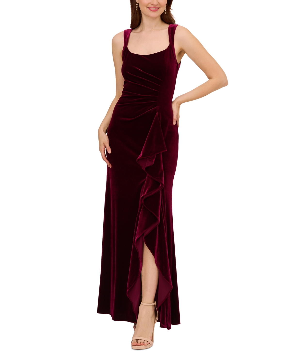 ADRIANNA PAPELL WOMEN'S VELVET RUCHED RUFFLED GOWN