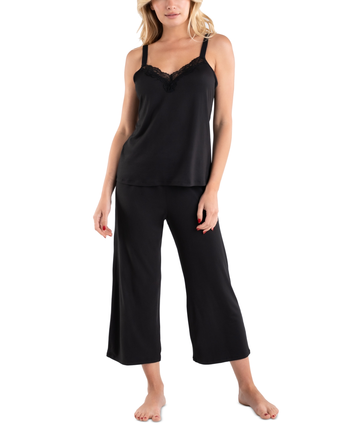 Women's Ariella 2-Pc. Cropped Lace-Trimmed Pajamas Set - Black