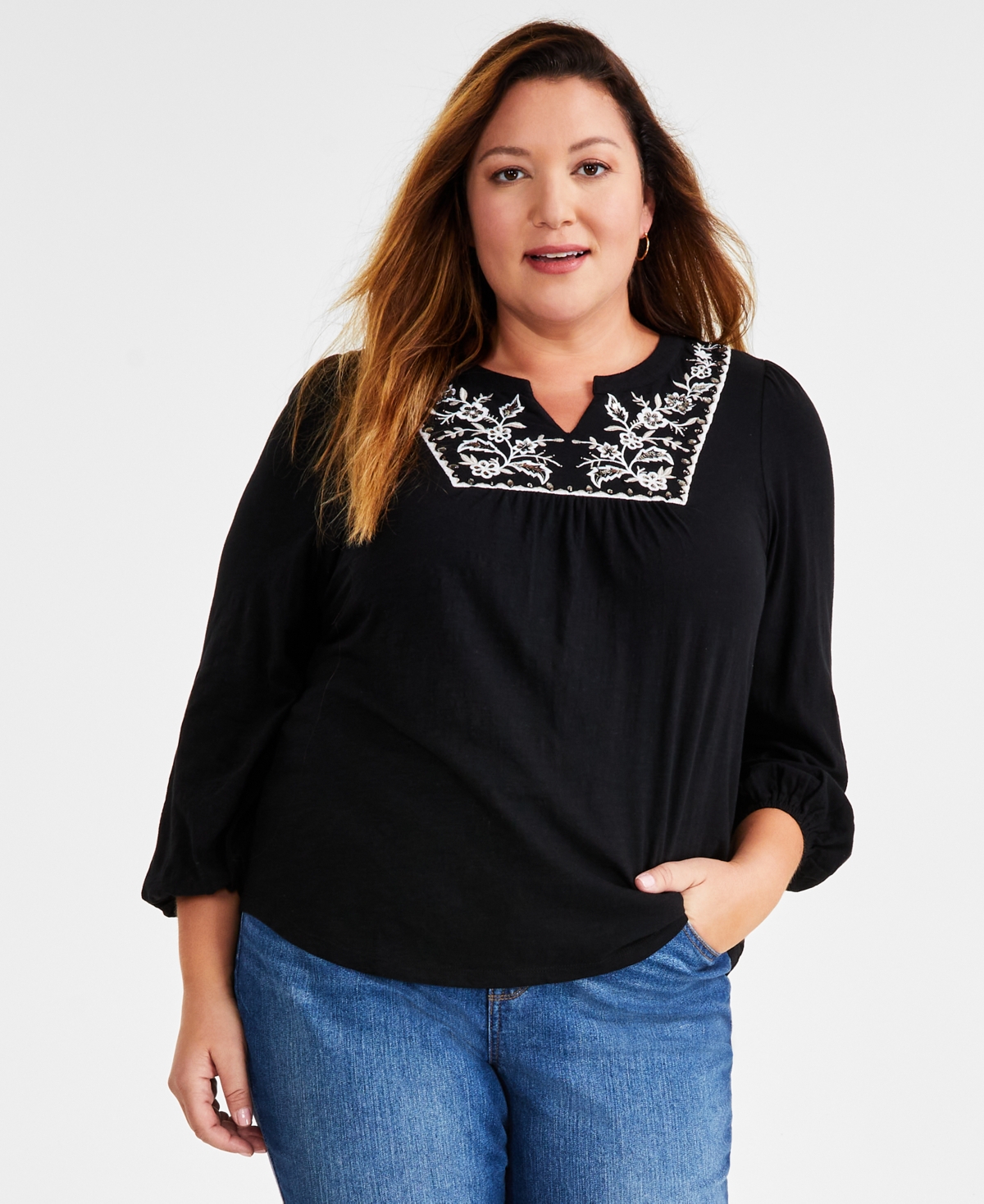Plus Size Embroidered Split-neck Top, Created For Macy's In Deep Black