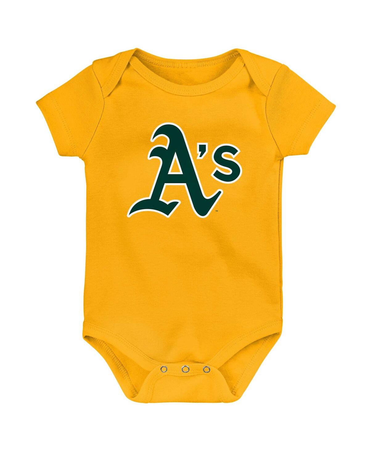 Outerstuff Infant Boys And Girls Gold, White, Heather Gray Oakland Athletics Biggest Little Fan 3-pack Bodysuit In Gold,white,heather Gray