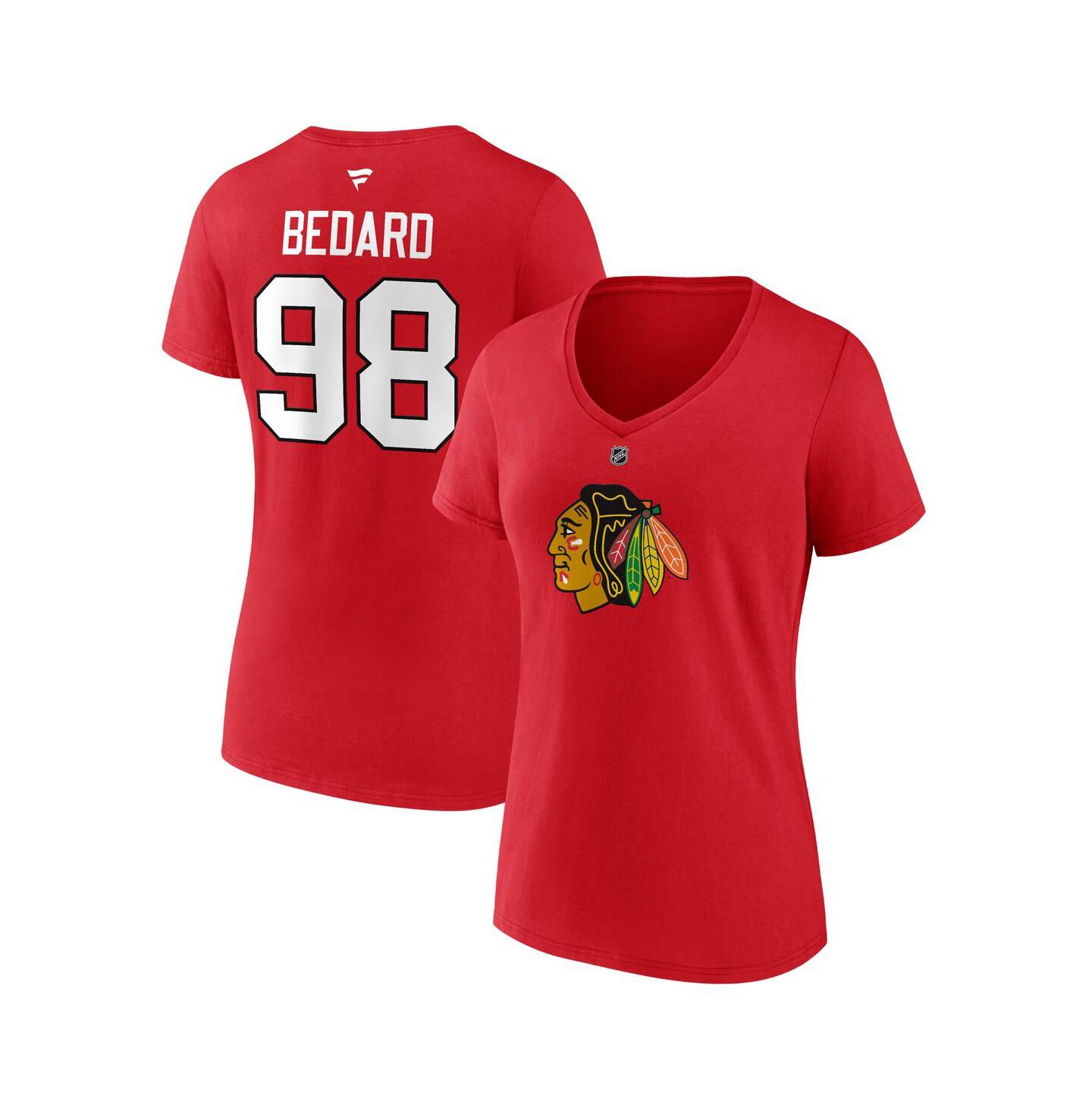 Женская футболка Fanatics Connor Bedard Red Chicago Blackhawks 2023 NHL Draft Authentic Stack Player Name and Number V-Neck — фото 1