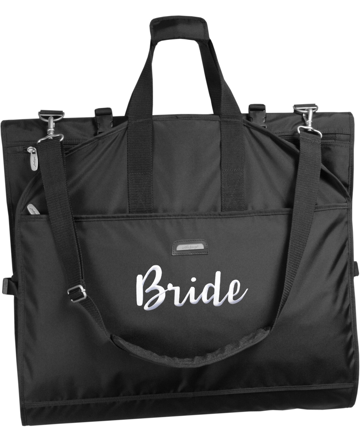 66" Premium Tri-Fold Carry On Destination Wedding Gown Travel Bag with Pockets and Bride Embroidery - Black - B