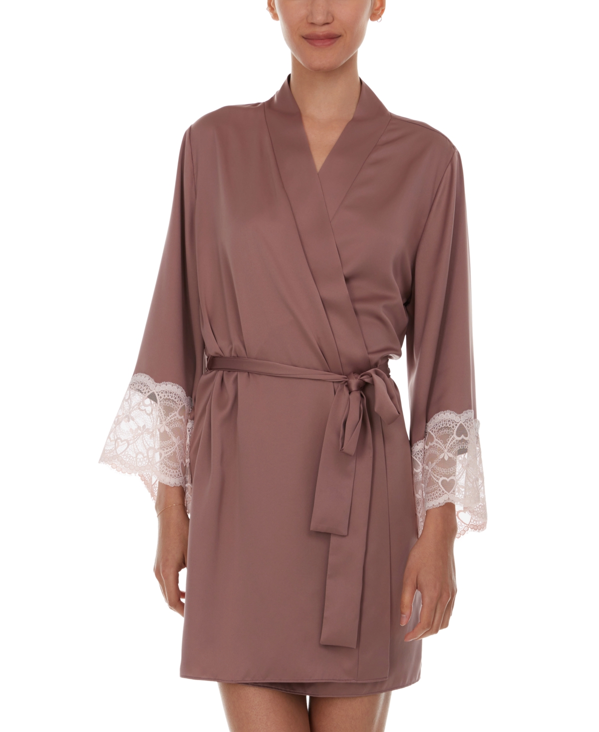 Flora By Flora Nikrooz Kit Heart Lace Matte Charmeuse Wrap Robe In Mauve