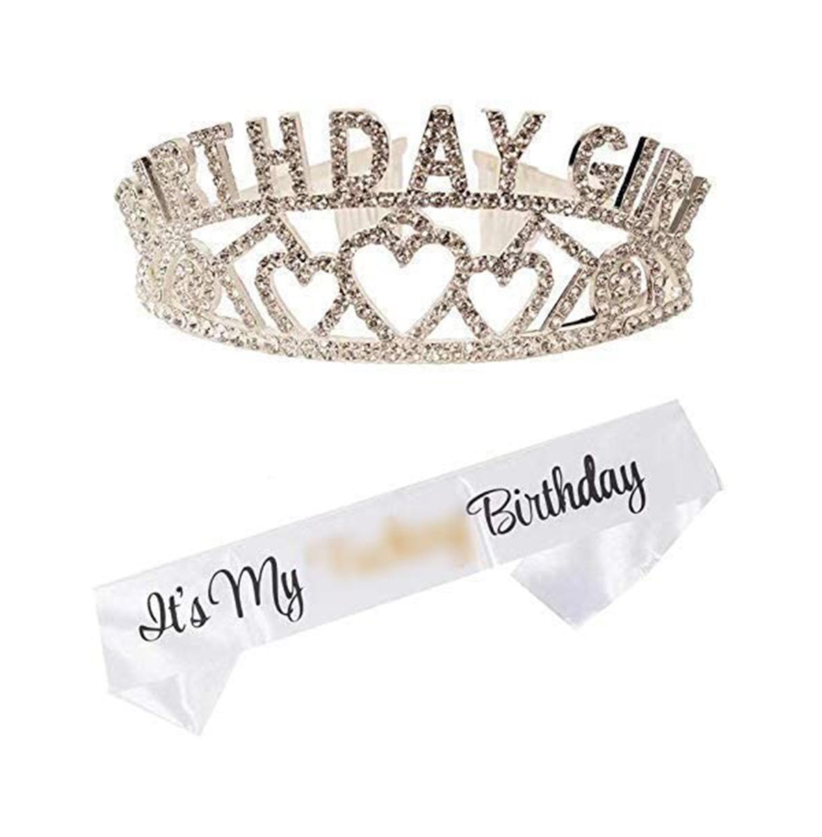 Birthday Sash and Tiara for Women - Glitter Sash and Birthday Girl Rhinestone Silver Metal Tiara, Perfect Party Gifts for Birthday Celebration - Silve