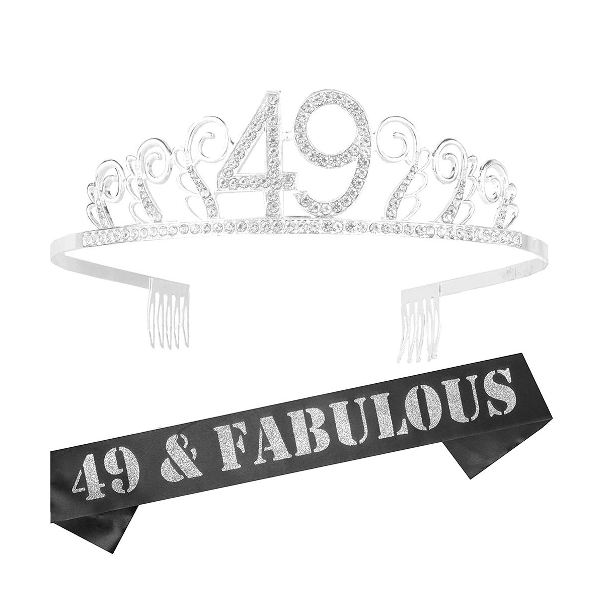 49th Birthday Sash and Tiara for Women - Glitter Sash with Waves Rhinestone Silver Metal Tiara, Perfect 49th Birthday Party Gifts and Accessories for