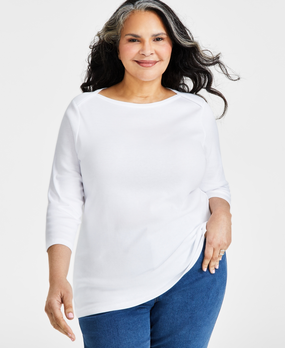 Style & Co Plus Size Pima Cotton 3/4-sleeve Top, Created For Macy's In Bright White
