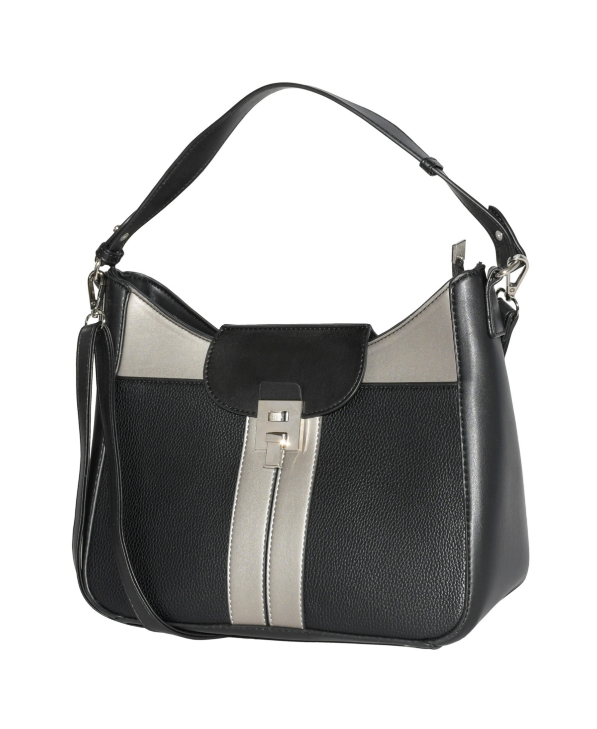 Ladies' Shoulder Bag with Color Block Design - Black and pewter
