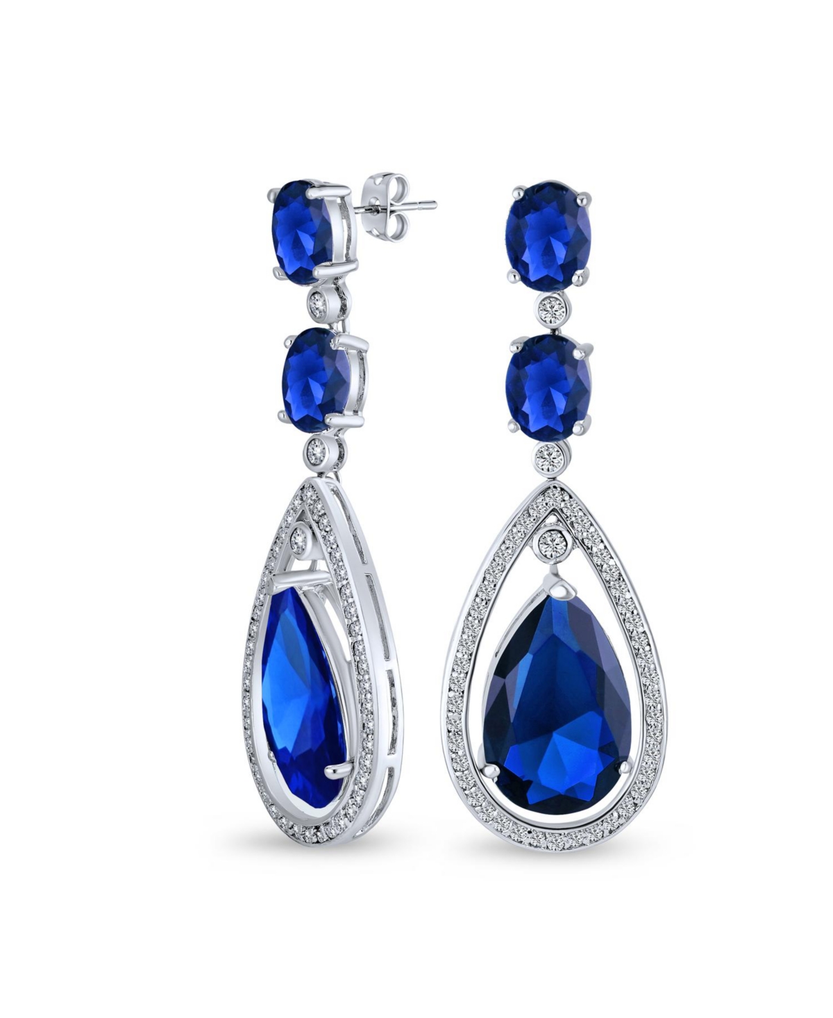 Art Deco Style Wedding Simulated Blue Sapphire Aaa Cubic Zirconia Halo Large Teardrop Cz Statement Dangle Chandelier Earrings Pageant Br