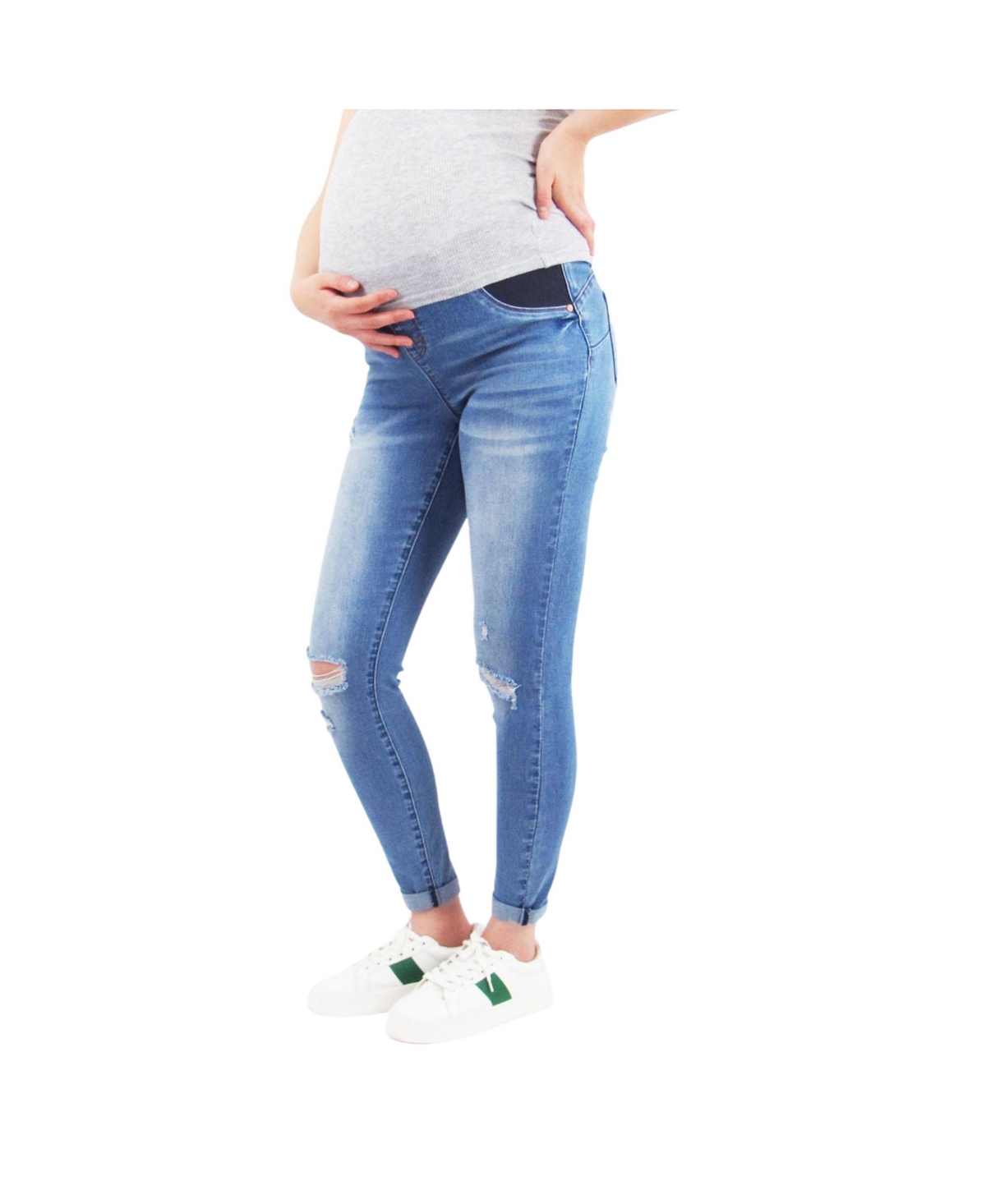 Maternity Light Wash Butt Lifter Distressed Jeans With Belly Band - Light wash