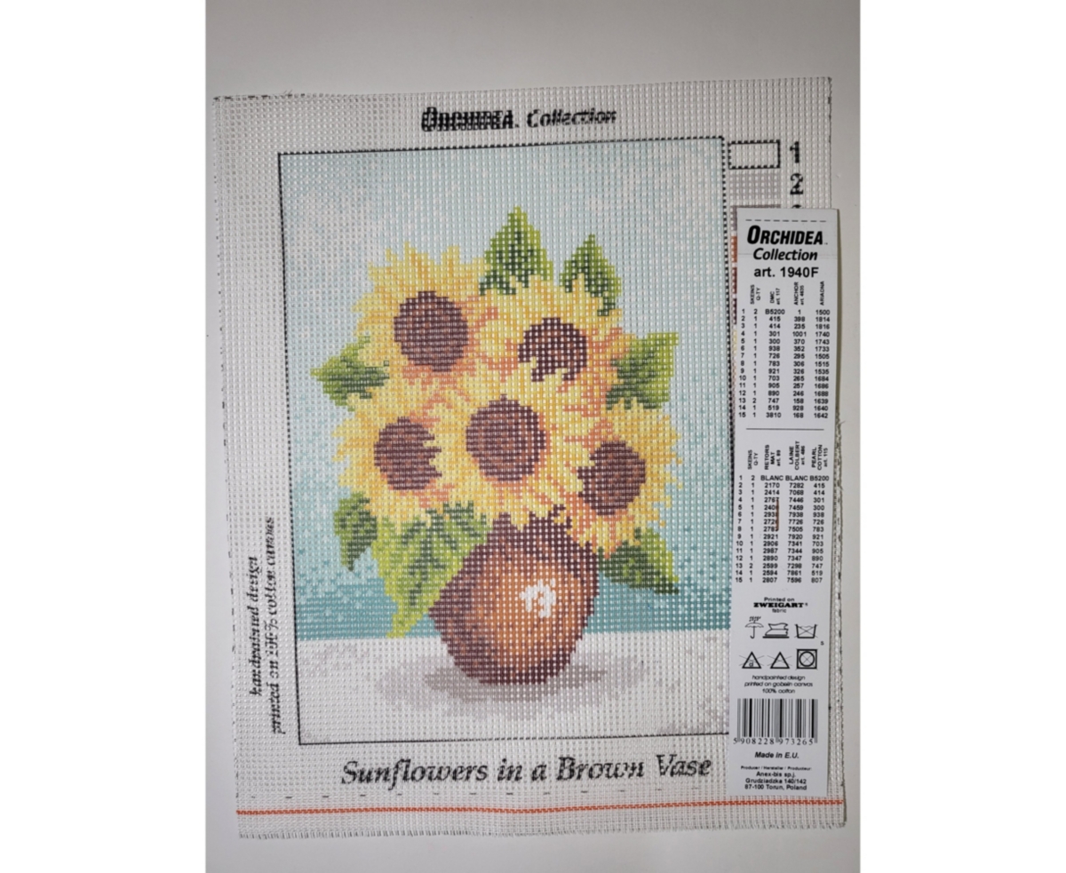 Needlepoint canvas for half stitch without yarn Sunflowers in a Brown Vase 1940F - Printed Tapestry Canvas - Assorted Pre-Pack