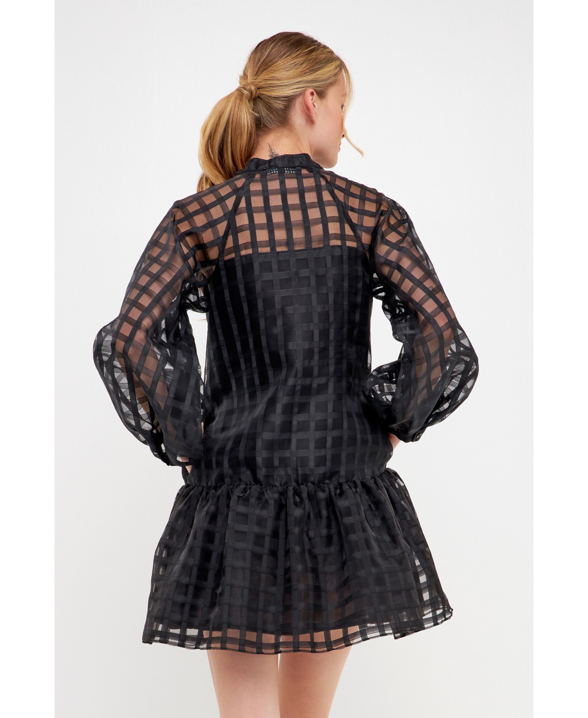 English Factory Women's Check Organza Buttoned Long Sleeve Mini