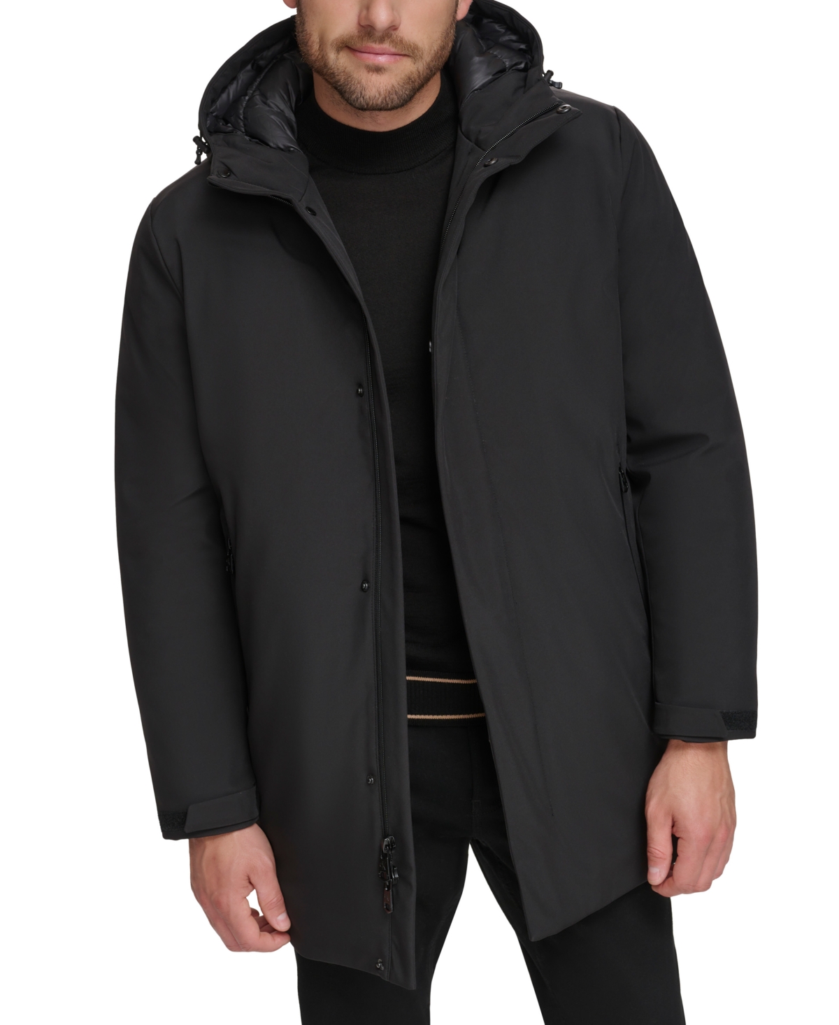 Calvin Klein Men's Flextech Stretch Water-resistant Hooded Stadium Jacket In Black