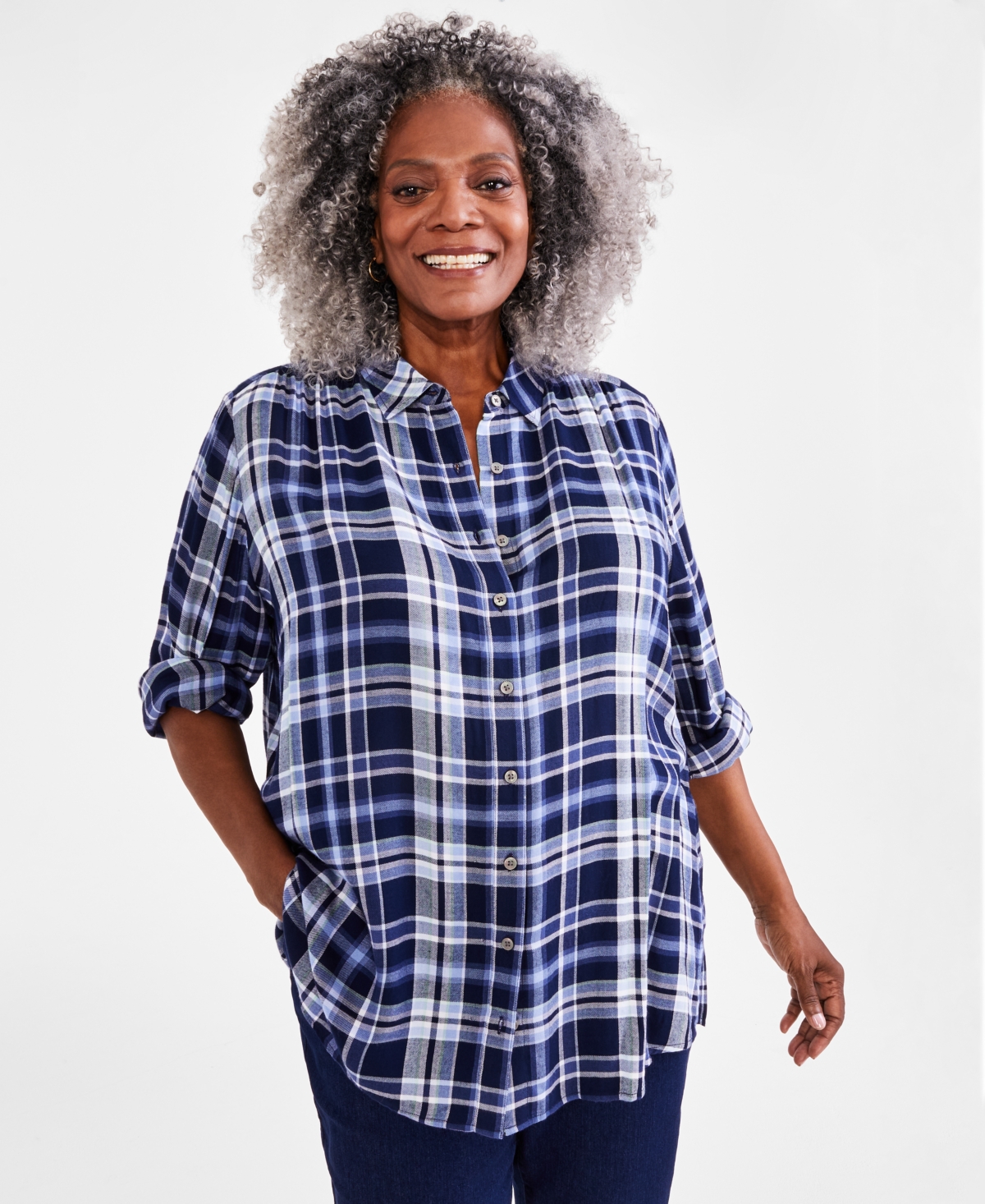 Style & Co Plus Size Plaid Boyfriend Tunic Shirt, Created For Macy's In Plaid Blue
