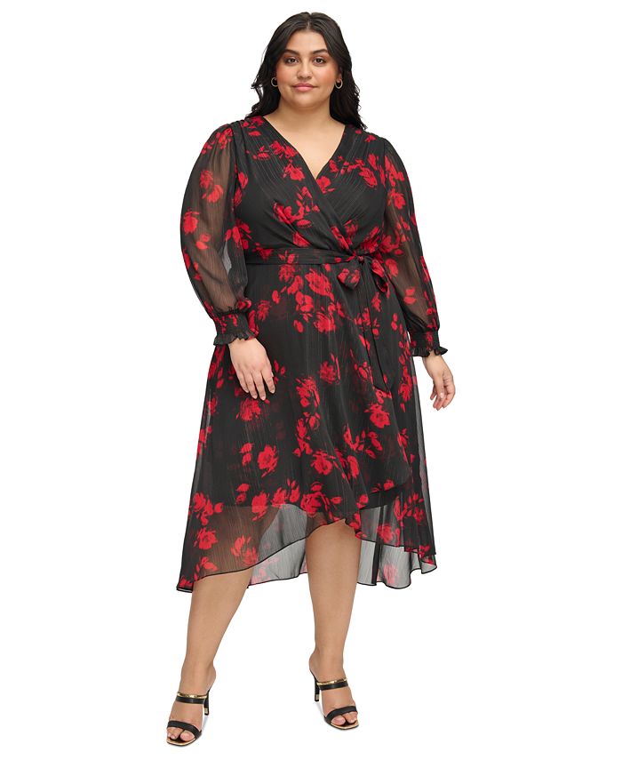 DKNY Plus Size Printed Faux-Wrap Fit & Flare Dress - Macy's