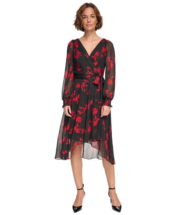 DKNY Women's Printed Chiffon Faux-Wrap Midi Dress - Macy's