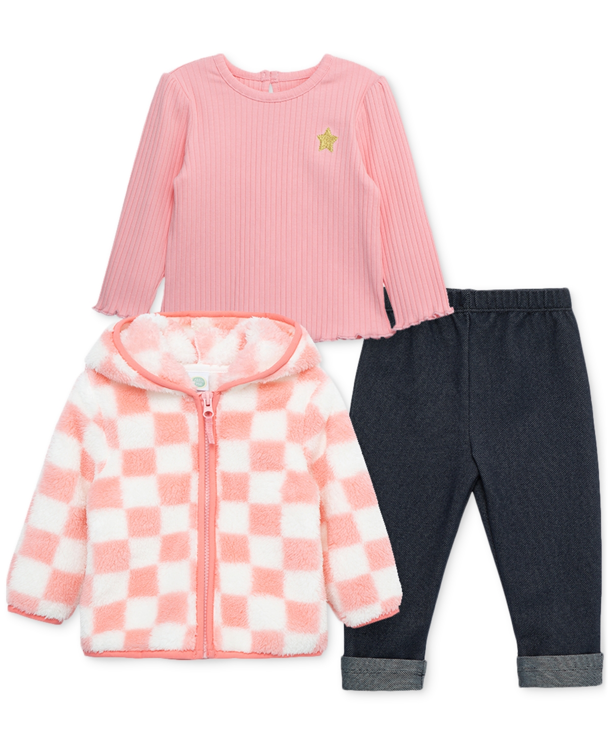 Little Me Baby Girls Checkerboard Faux-sherpa Jacket, Long-sleeved Top And Pants, 3 Piece Set In Pink