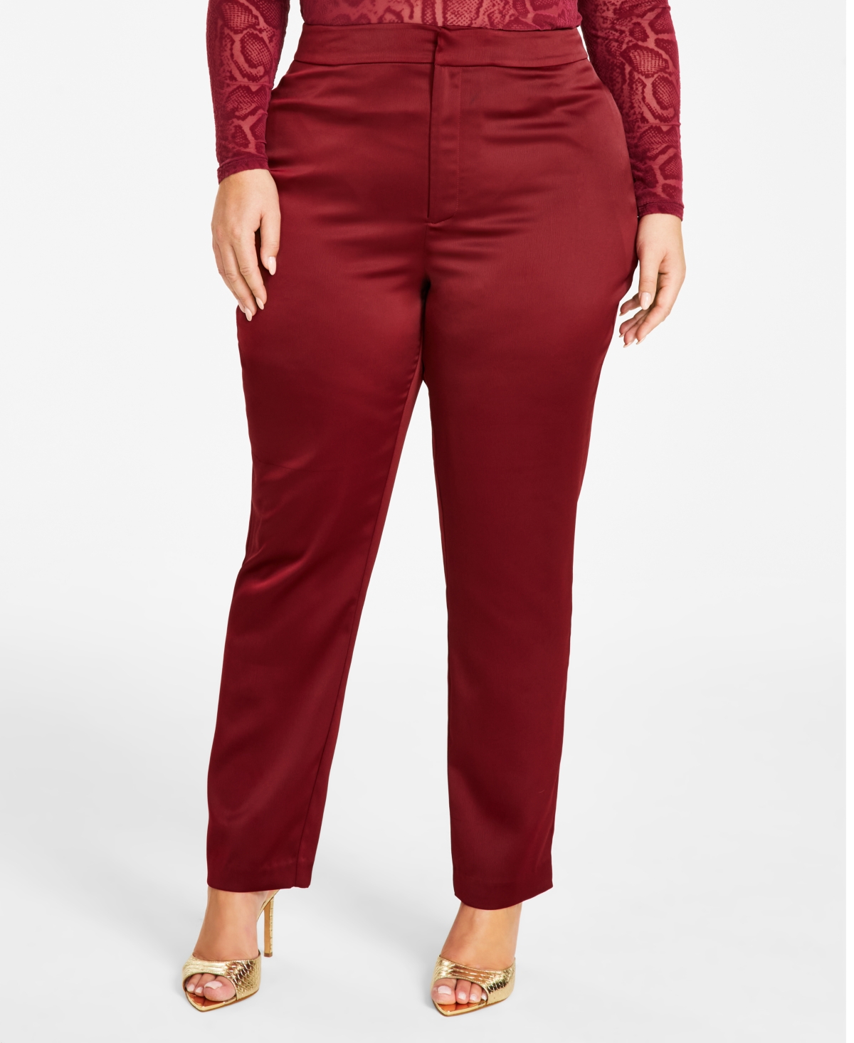 Trendy Plus Size Satin Fitted Pants - Burgundy