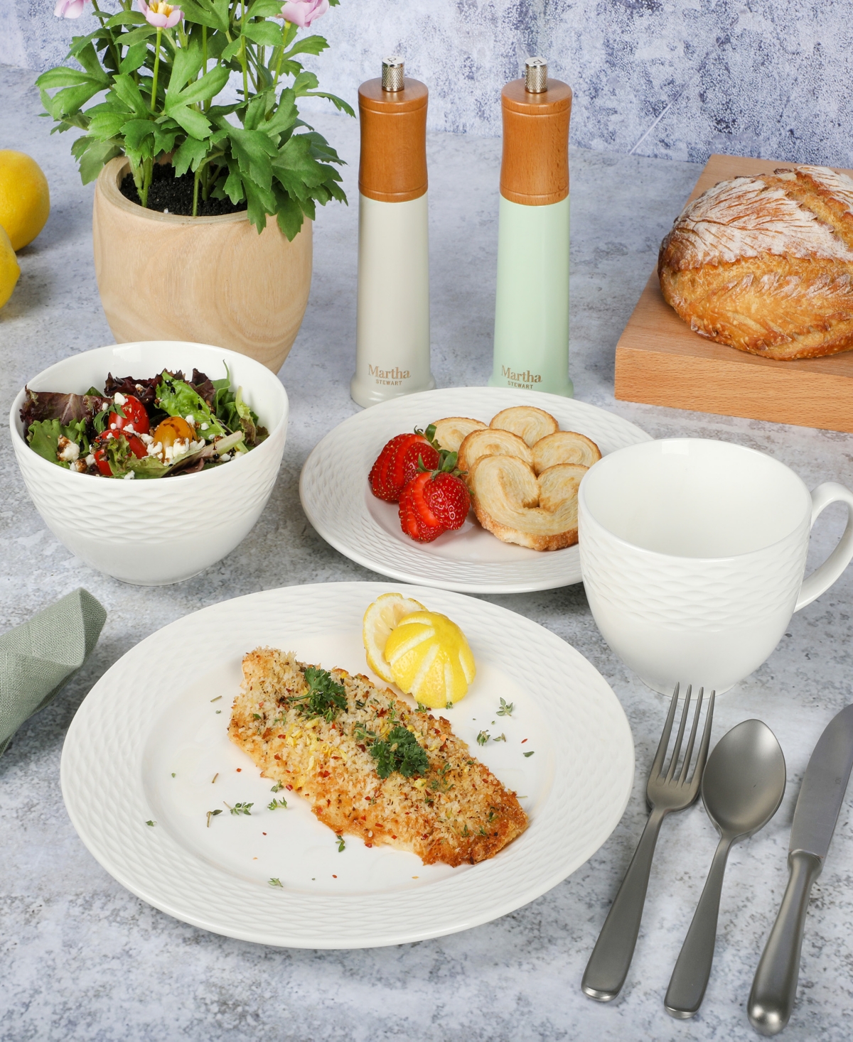 Martha Stewart Maepoole Embossed Dinnerware Set, Service for 4