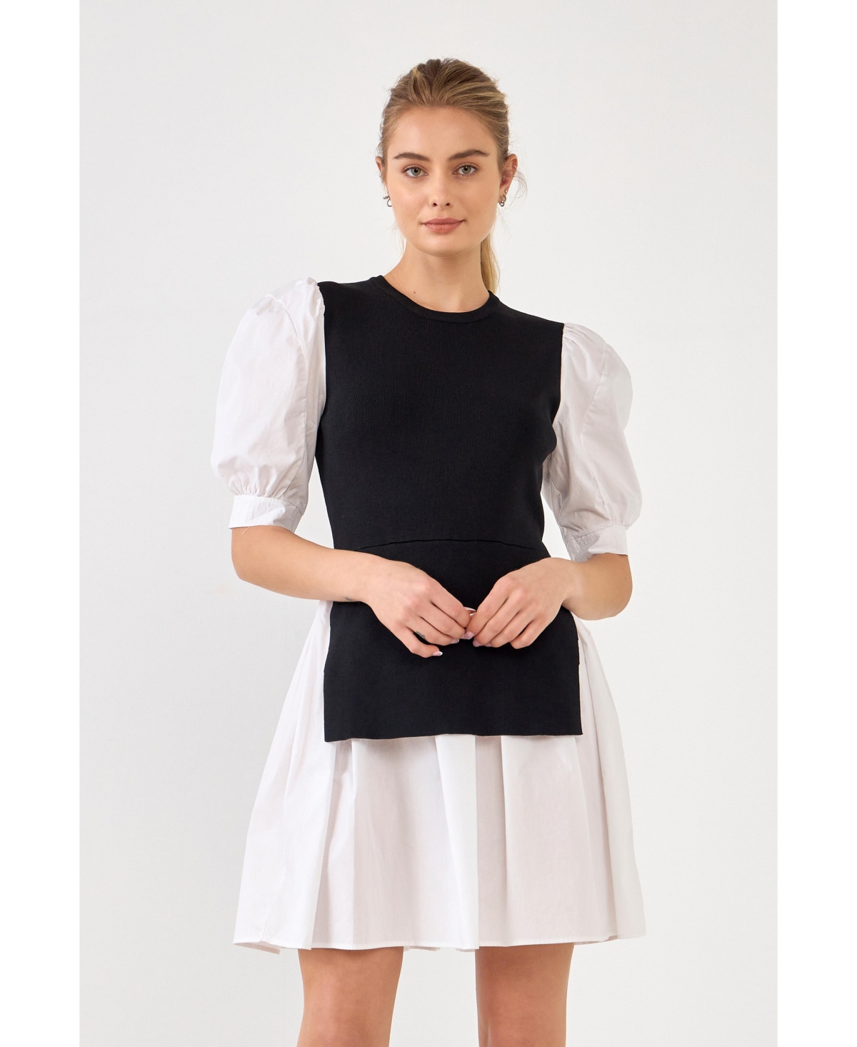 Women's Mixed Media Puff Sleeve Mini Dress - Black/white