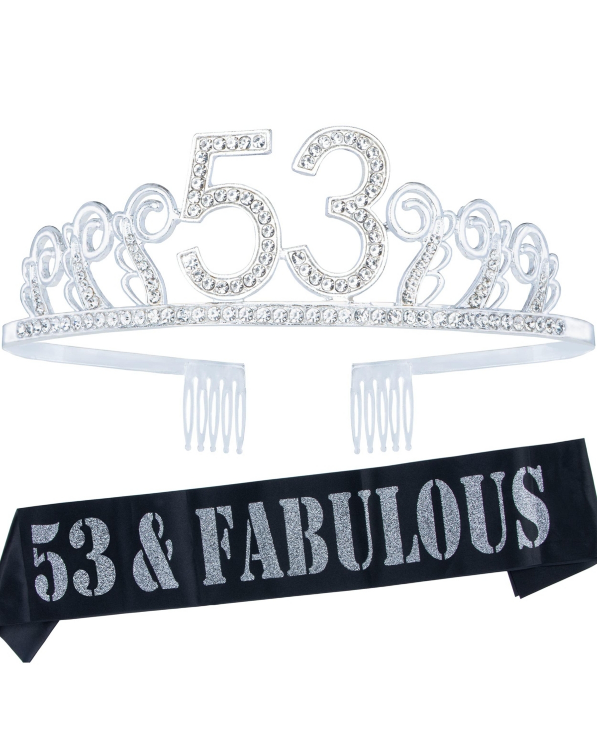 53rd Birthday Sash and Tiara for Women - Glitter Sash with Waves Rhinestone Silver Metal Tiara, Perfect 53rd Birthday Party Gifts and Accessories - Si