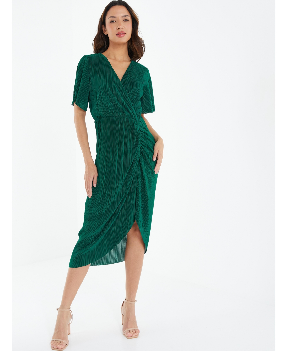 Women's Plisse Ruched Midi Dress - Green