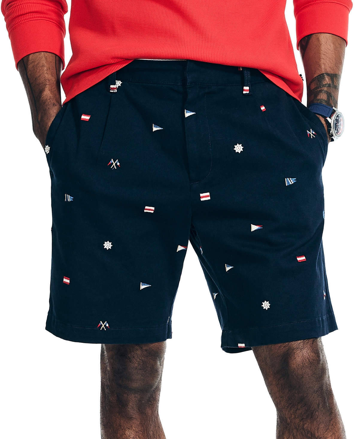 Nautica Men's Classic-fit 8.5" Stretch Embroidered Flag Shorts In Navy Seas