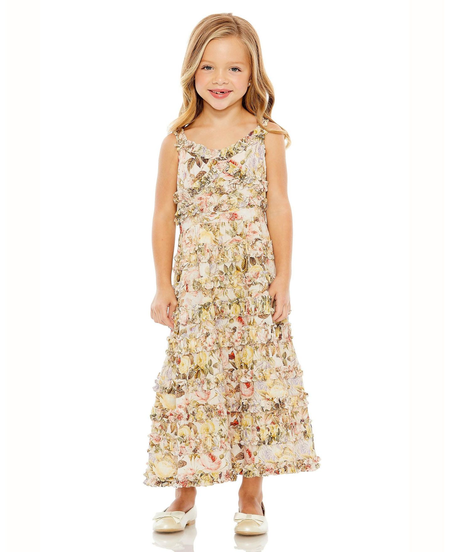 Платье Mac Duggal Floral Print Ruffle Tiered Midi Dress для девочек, цвет: Слоновая кость разноцветный — фото 1