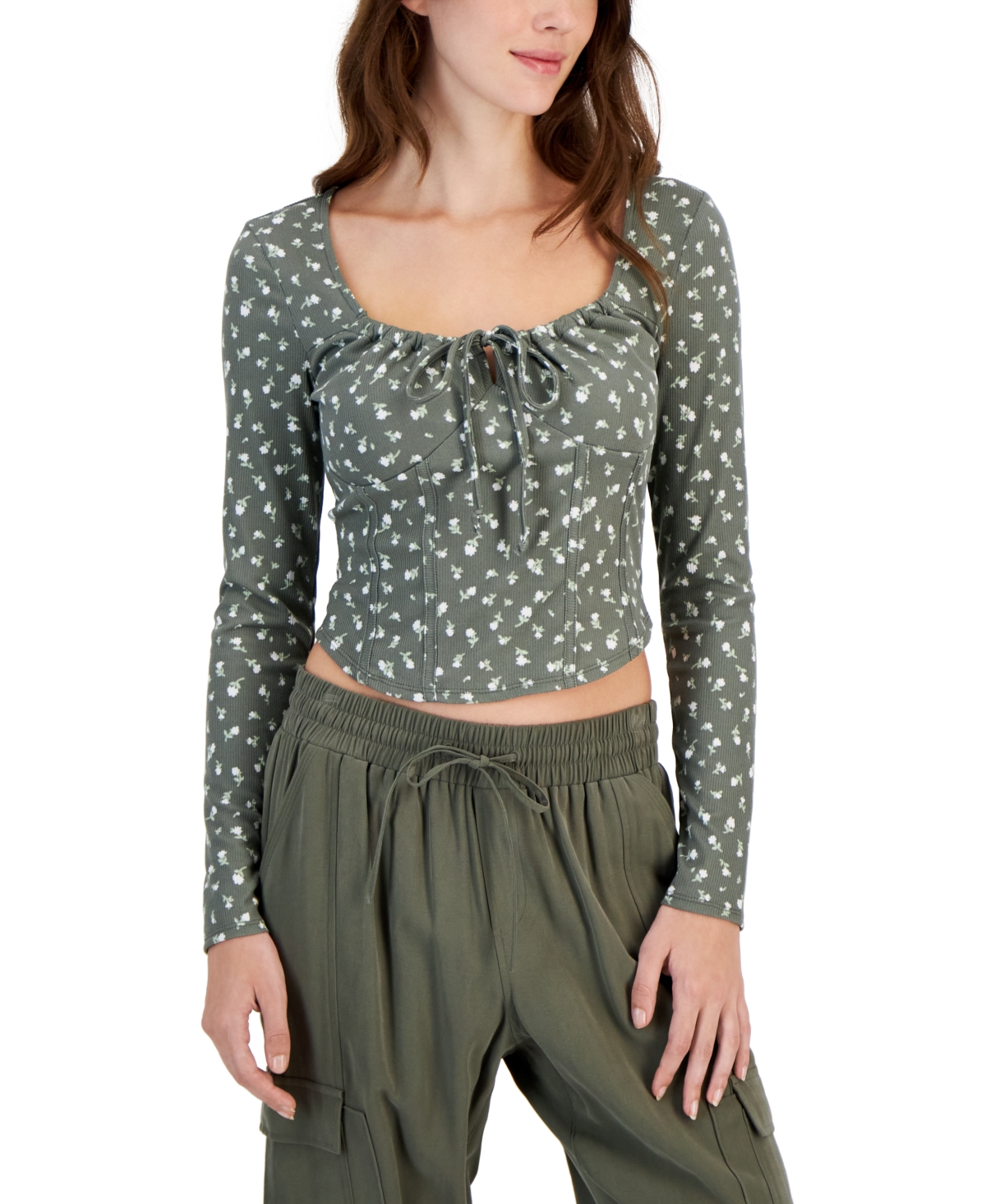 Just Polly Juniors' Tie-neck Long-sleeve Corset Top In Olive Ditsy
