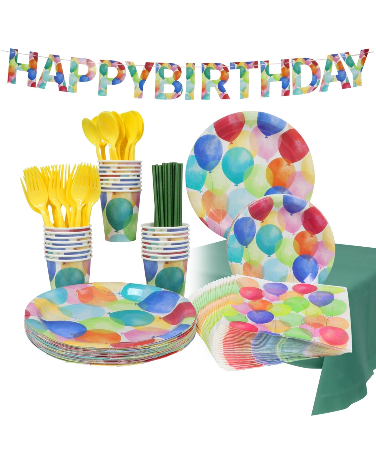 Puleo Disposable Birthday Party Set, Serves 24, With Large And Small Paper Plates, Paper Cups, Straws, Nap In Green,yellow,blue,red