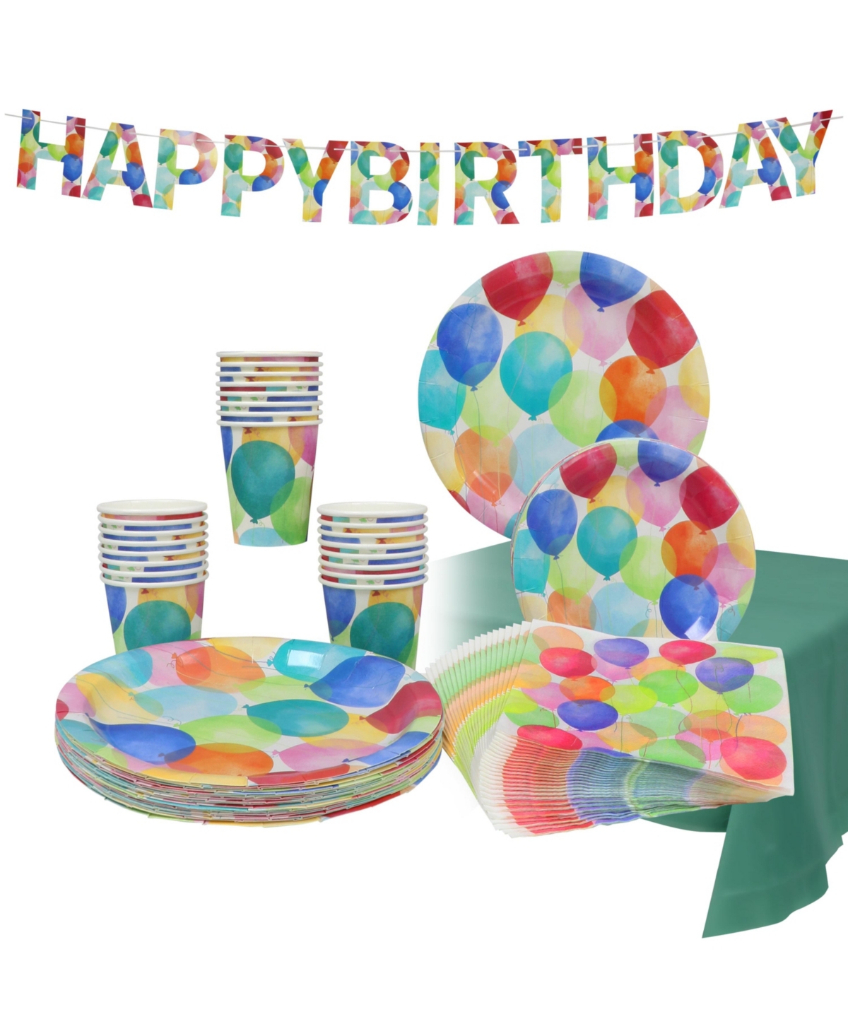 Puleo Disposable Birthday Party Set, Serves 24, With Large And Small Paper Plates, Paper Cups, Straws, Nap In Green
